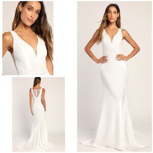 Lulus Long Lasting Love Dress Ivory Maxi Mermaid Lace V Neck Size S NWT